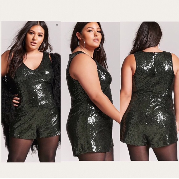 PLUS SIZE 1X 3X Forever 21 F21 Hunter Green Sequin Romper Jumpsuit - Picture 2 of 6